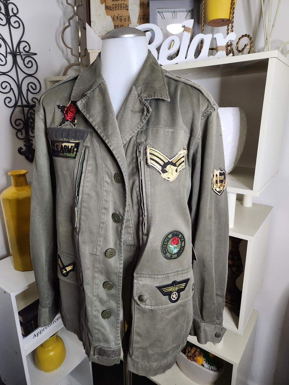 Military-Inspired Olive Green Patch Jacket